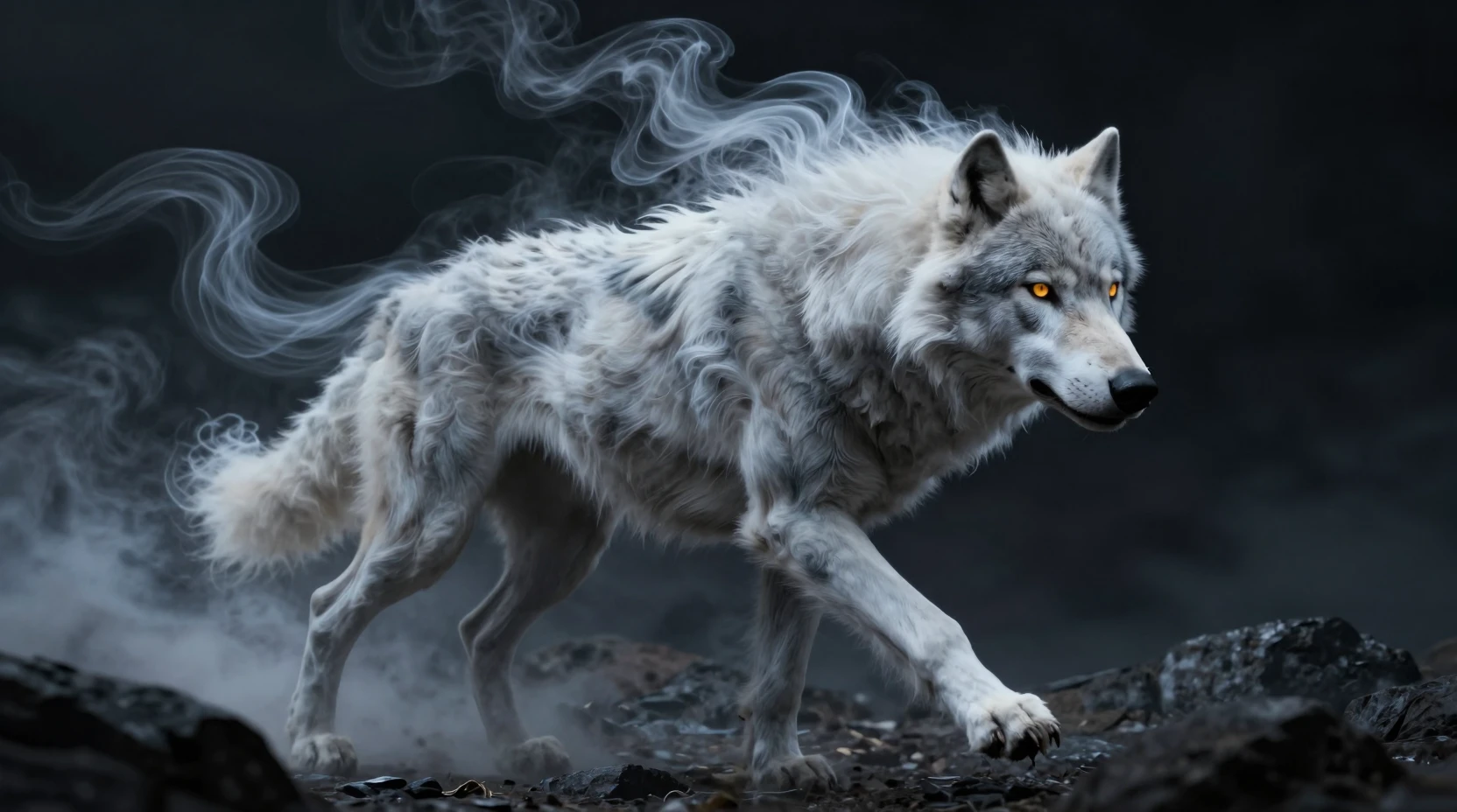 Lobo Espectral de Fumaça Correndo pela Selva Rochosa à Meia-noite