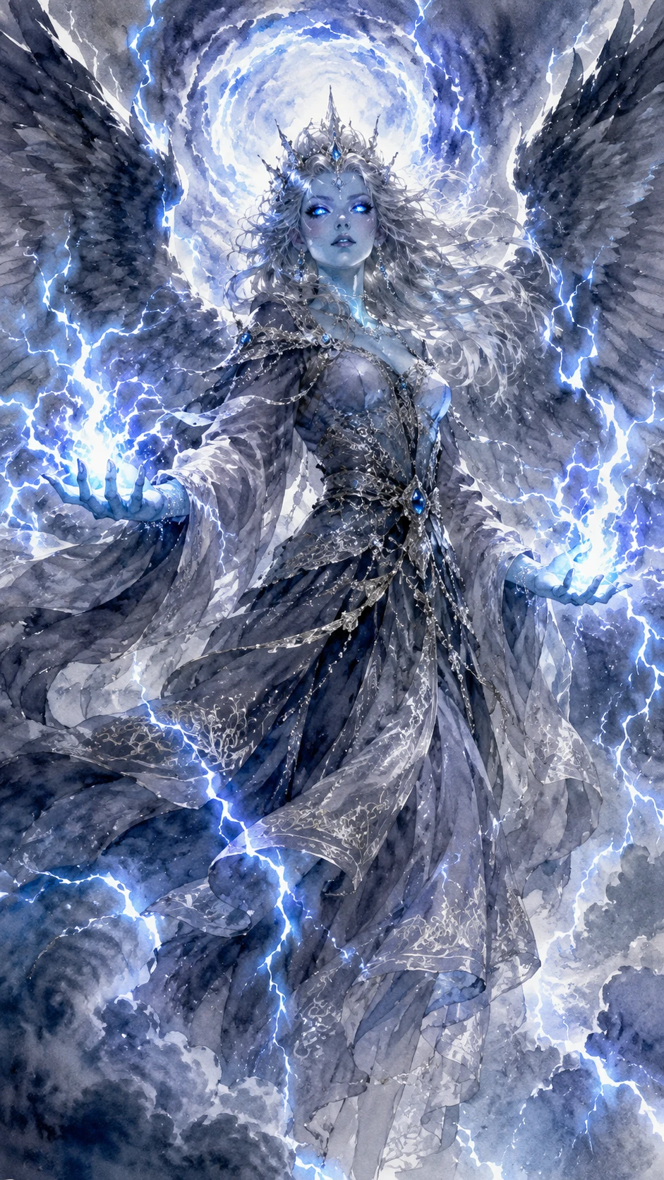 Strega della tempesta con fulmini e immense ali piumate