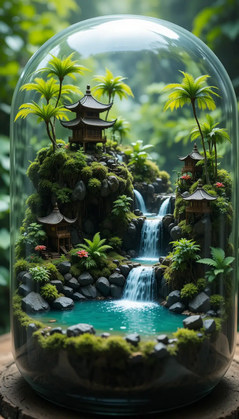 Terrario tropicale in miniatura con cascate e templi a pagoda
