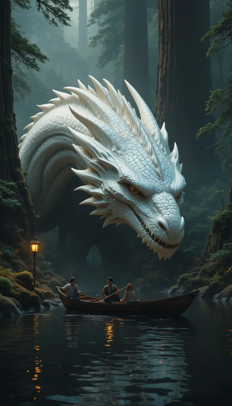 Majestätischer weißer Drache, ruhend in einem nebligen Redwood-Wald