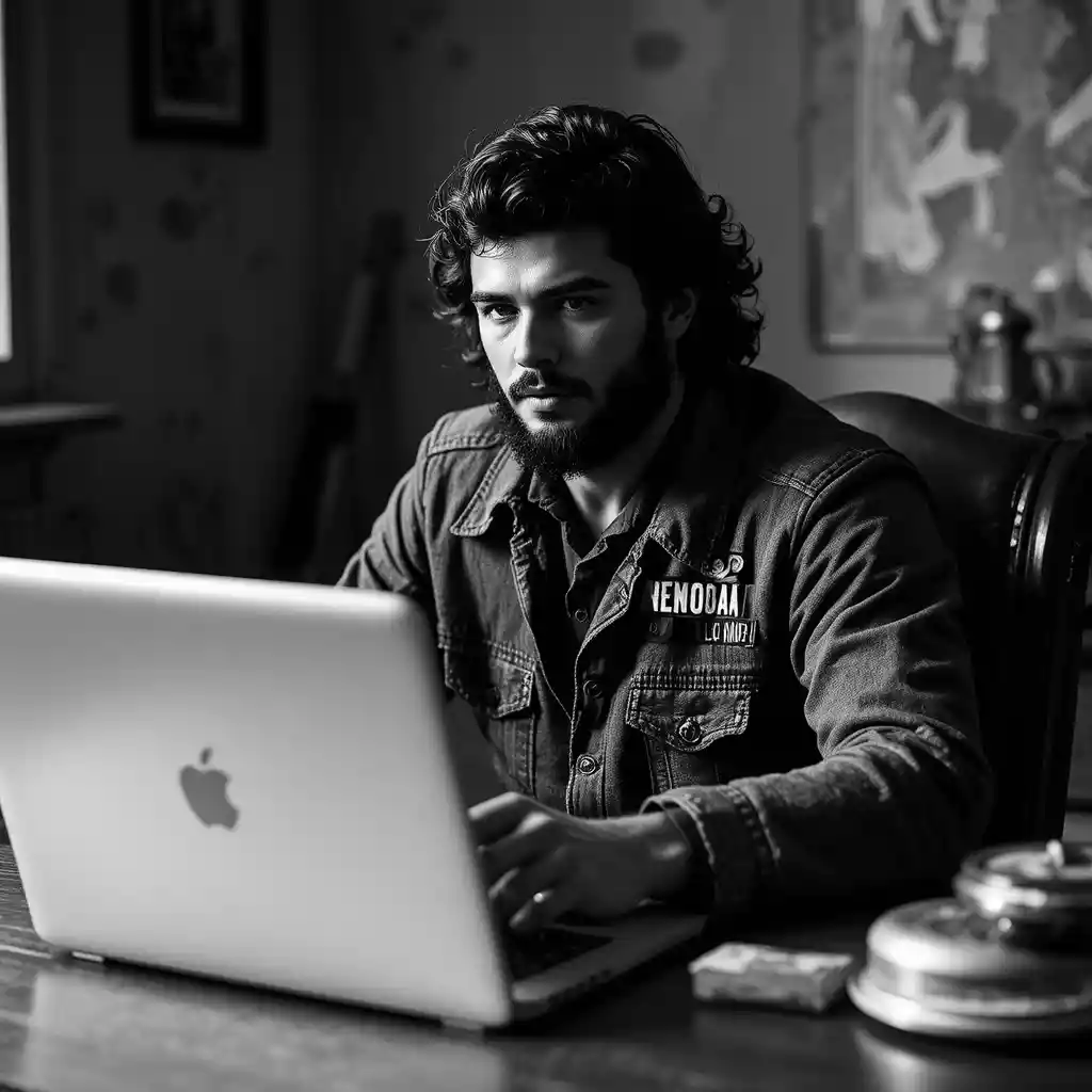 Uomo somigliante a Che Guevara su laptop con outfit urbano