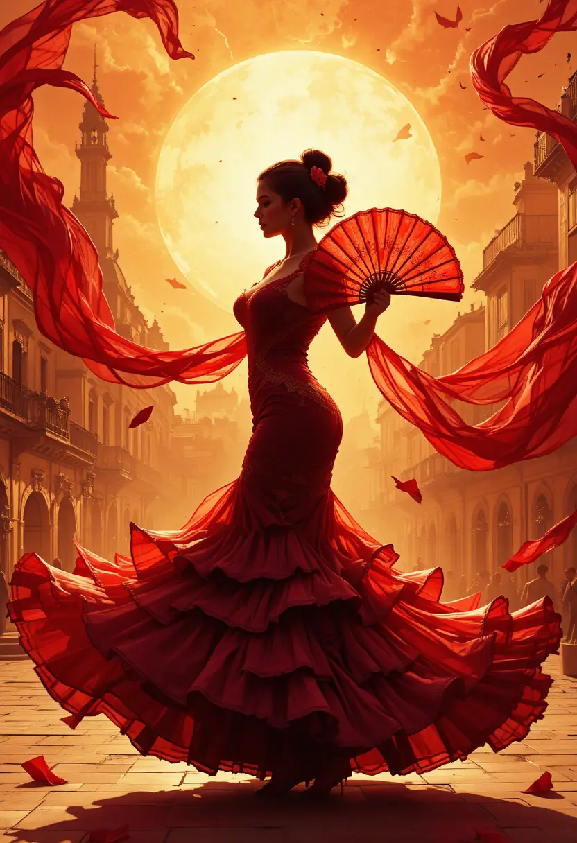 Silhueta de dançarina de flamenco diante de um sol espanhol brilhante