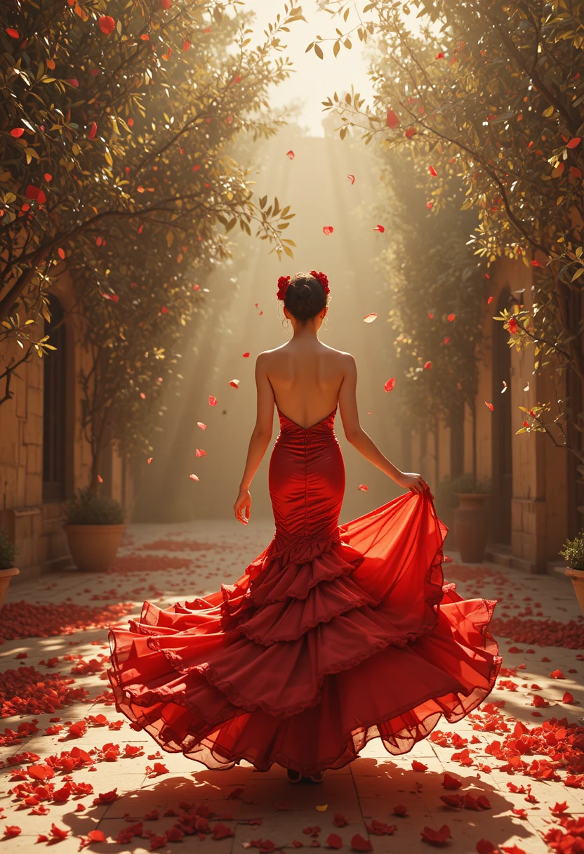 Mulher fashion surreal em vestido fluido vermelho inspirado no flamenco