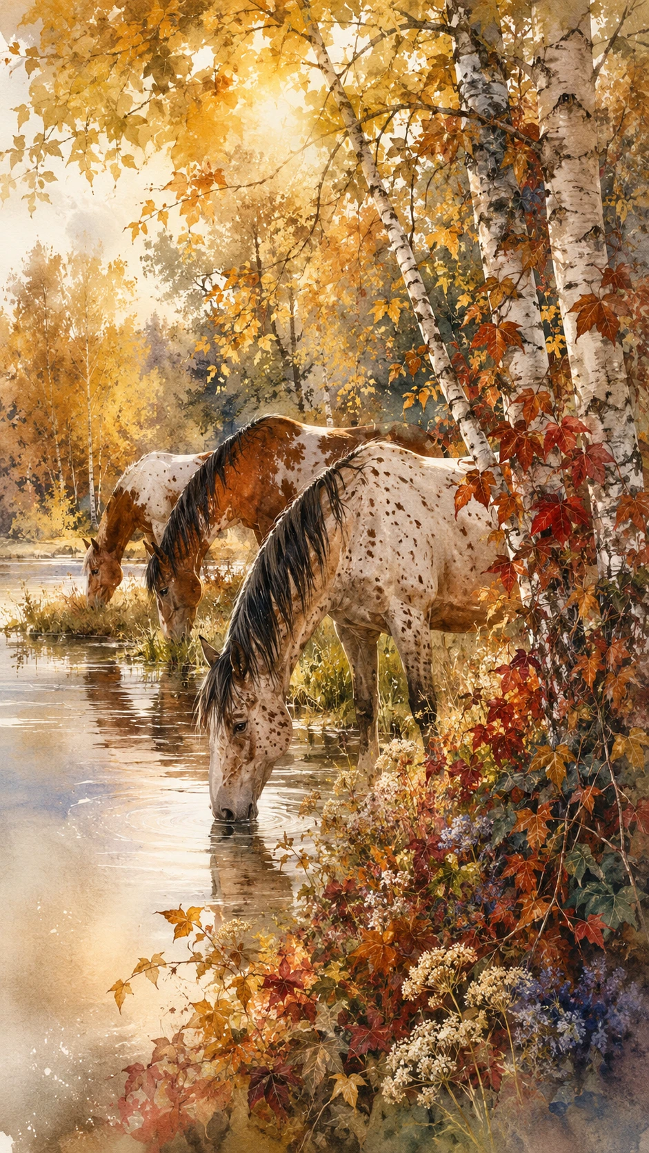 Cavalos à beira de um lago banhado pelo sol em uma floresta colorida de outono