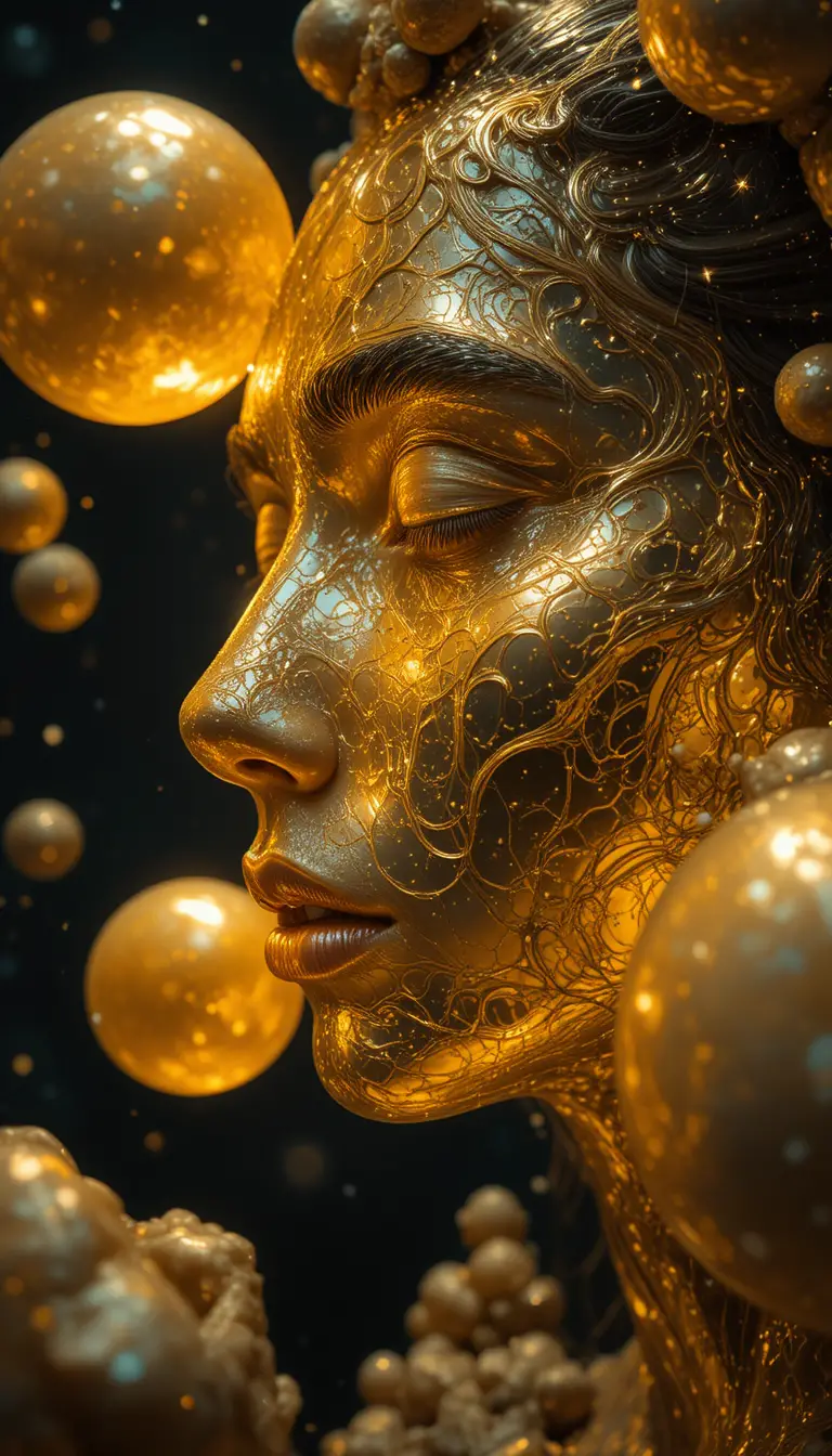 從黑暗宇宙虛空中浮現的超現實金色人臉