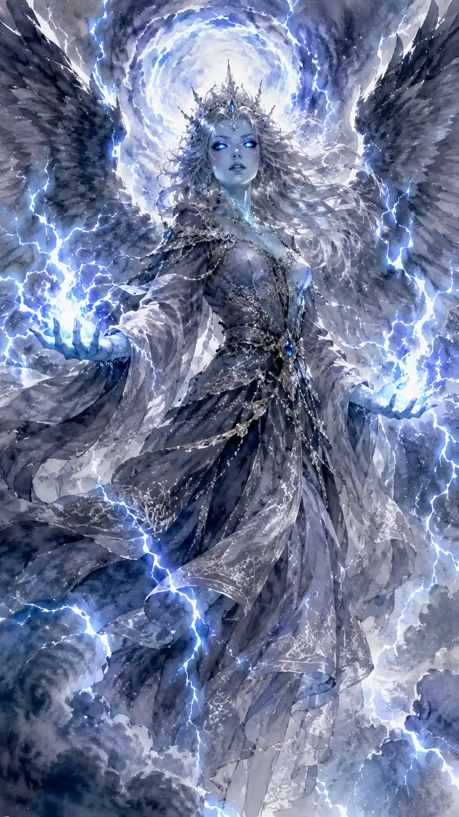 Strega della tempesta con fulmini e immense ali piumate