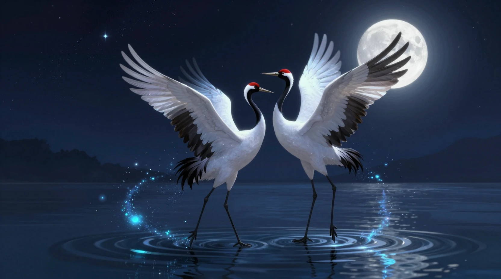 Dois grous brancos dançando em um lago mágico sob o céu estrelado