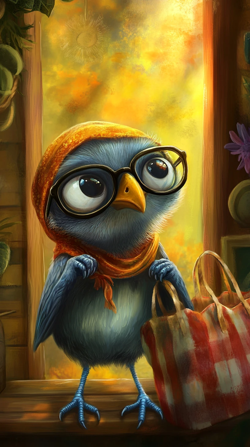 Pássaro azul de desenho animado com óculos e bolsa listrada