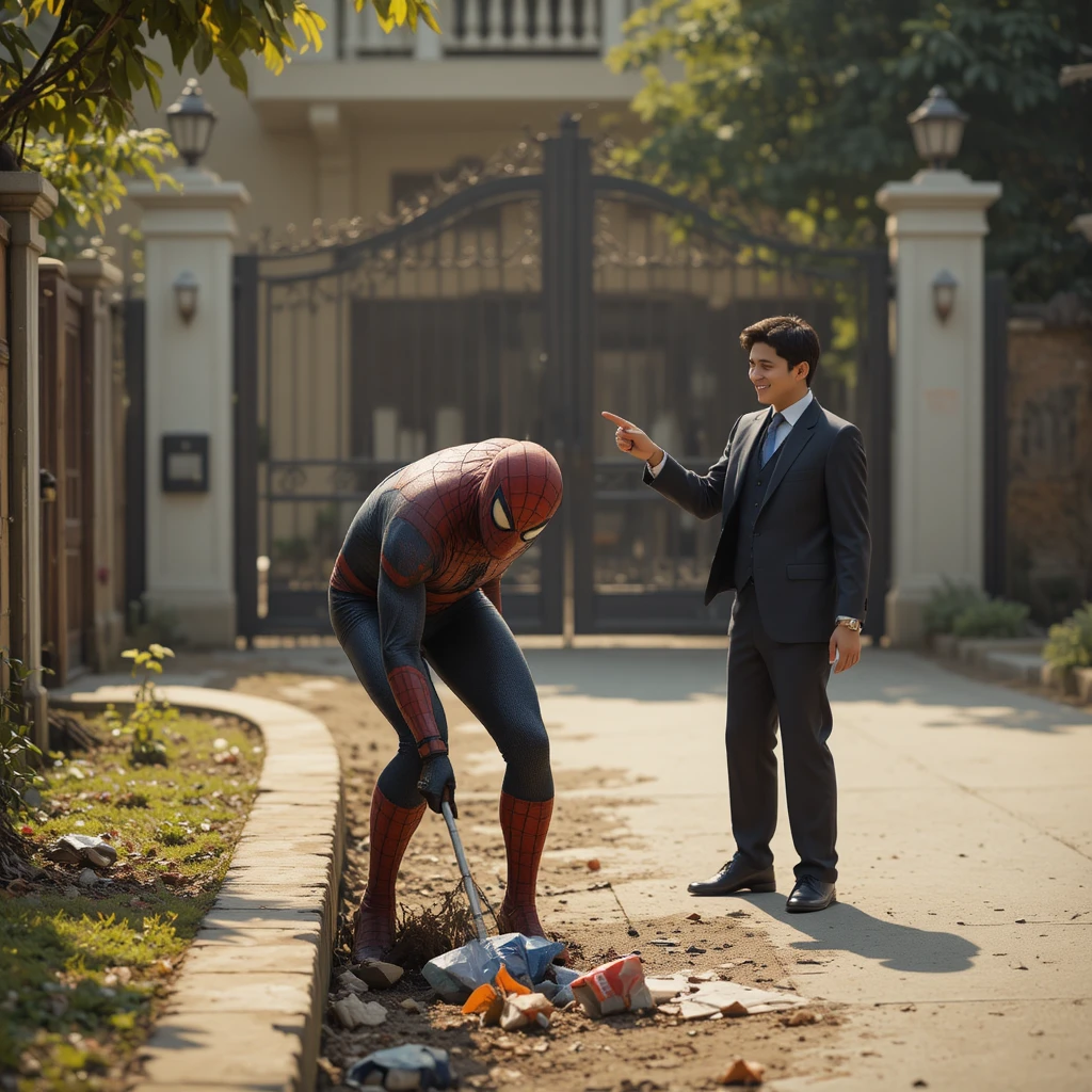 Super-herói limpando uma sarjeta em uma rua simples da cidade