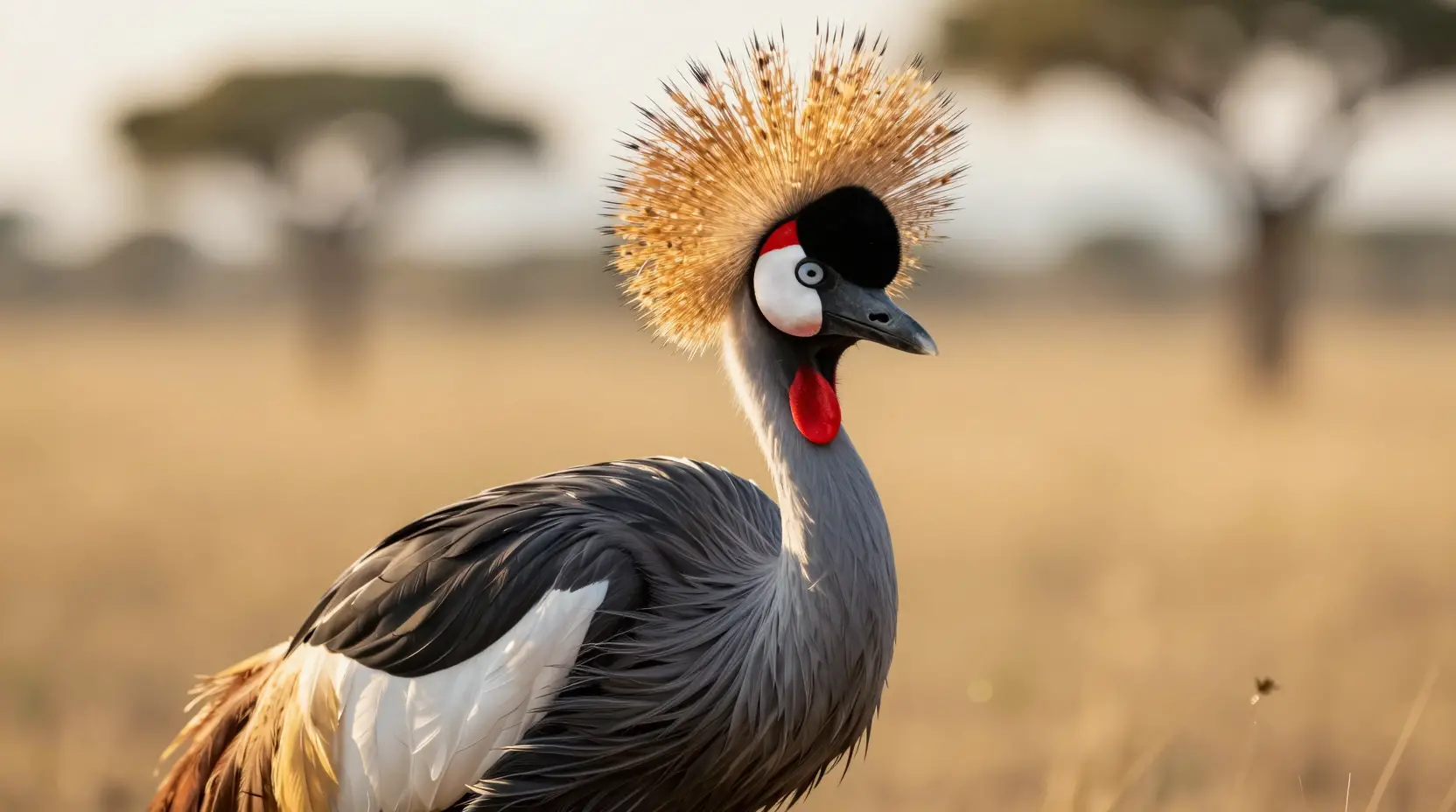 Grue couronnée africaine dans la lumière dorée du matin sur la savane
