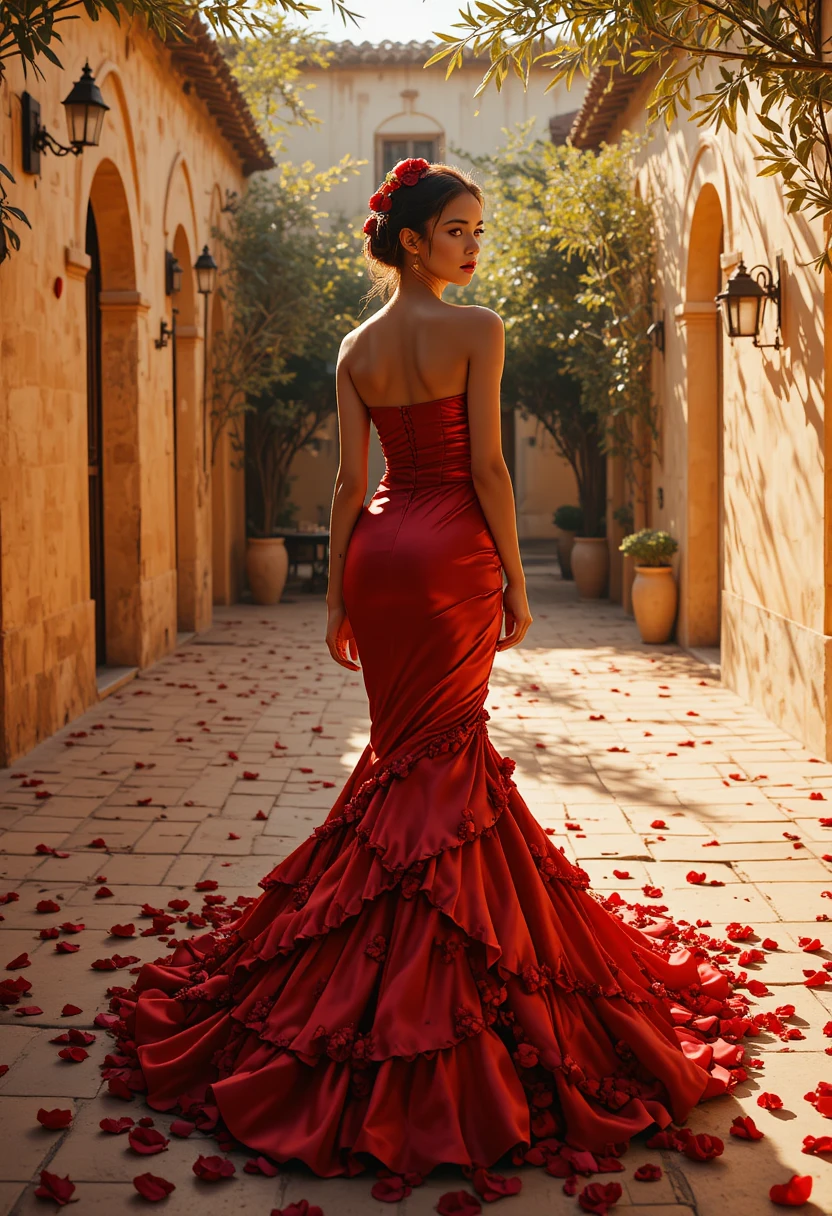 Modelo de moda flamenca surreal em um pátio de sonho