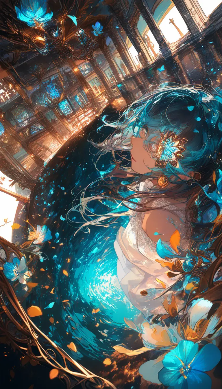 陽光地中海海邊陽台上的動漫女子