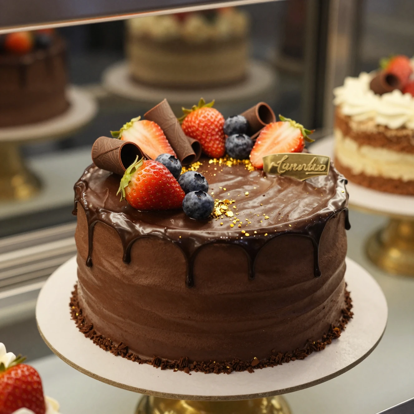 Bolo de chocolate luxuoso com frutas vermelhas e detalhes em ouro