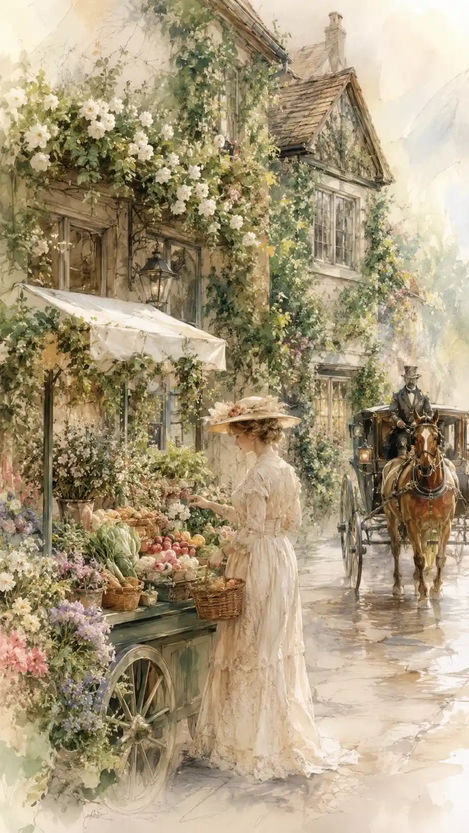 Old english cottage with flower covered facade close up