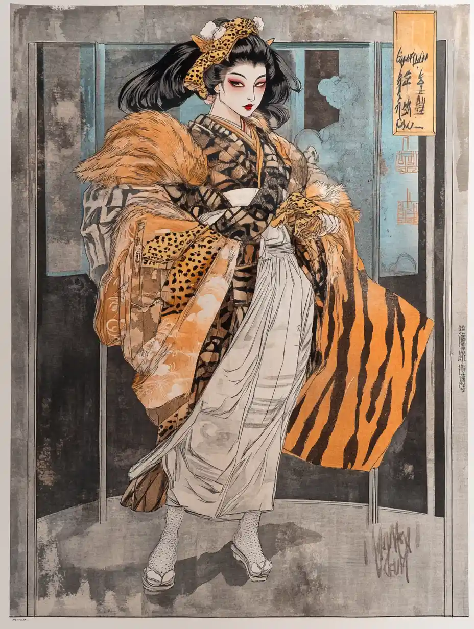 Audace donna gyaru in stile ukiyo-e in scena al museo