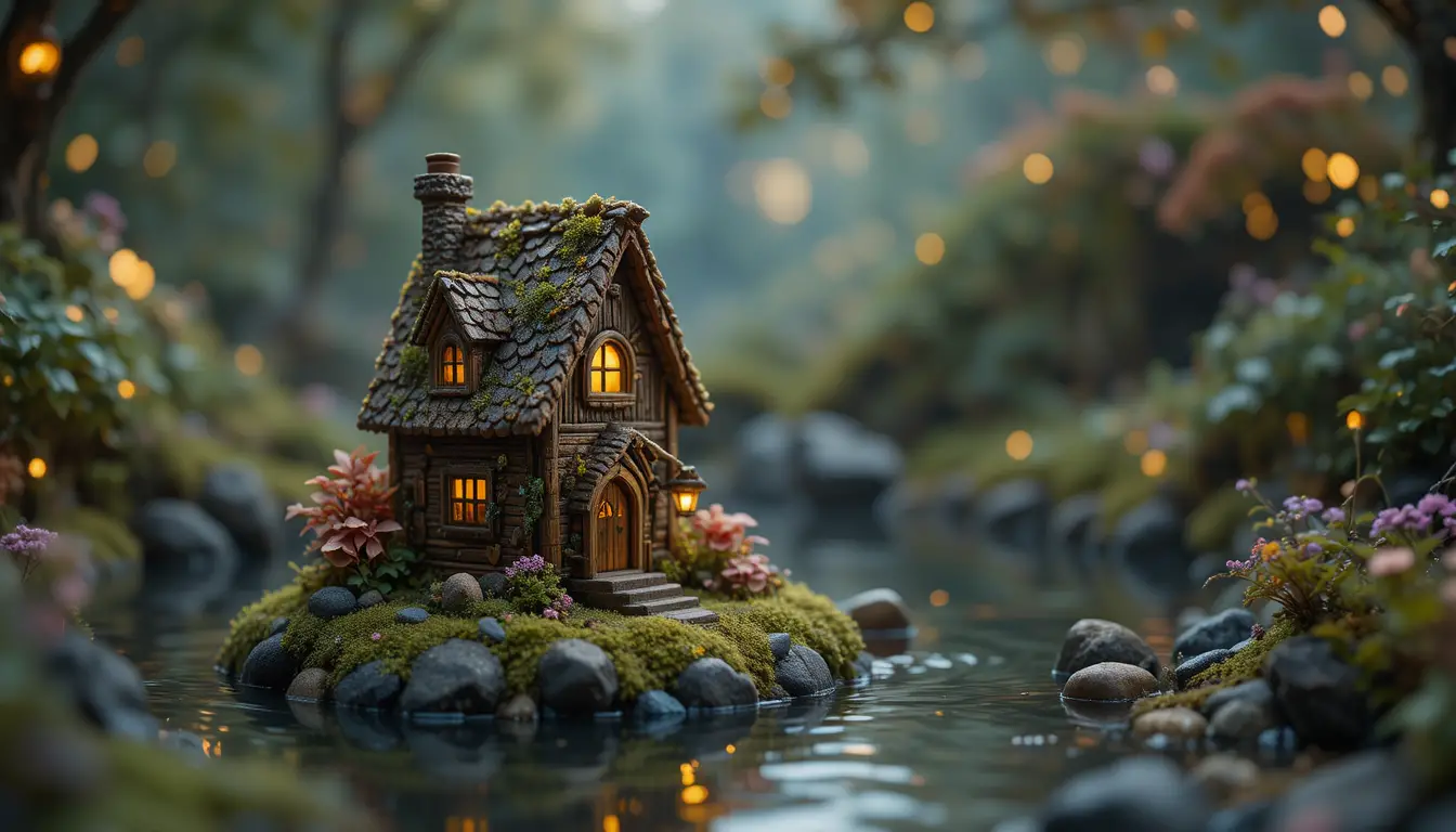 漂浮在水面上的微型精靈小屋與發光燈光