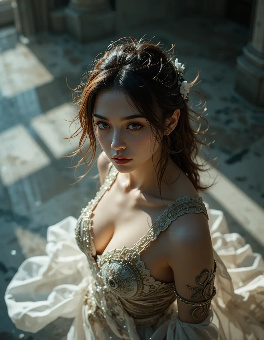 Young woman in dynamic pose under dramatic overhead lighting