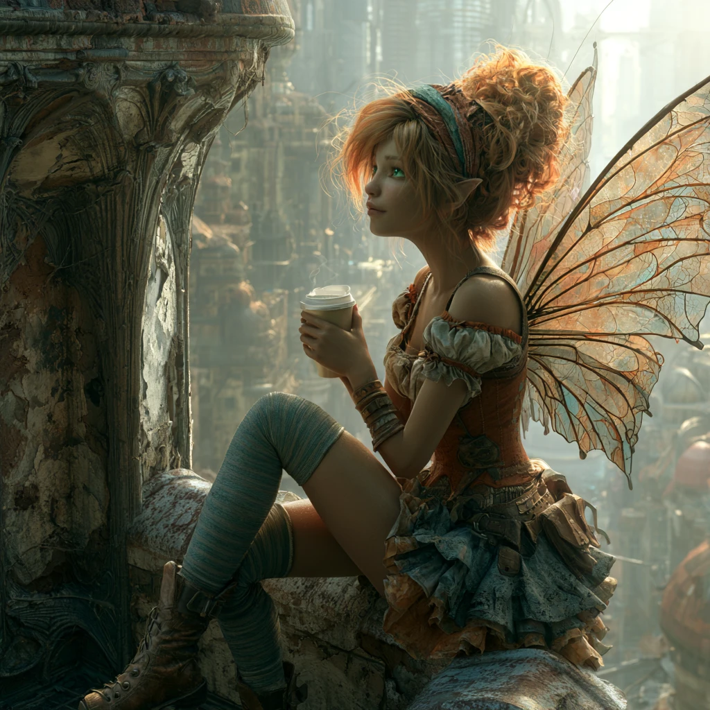 Fée steampunk se relaxant avec un café au-dessus d’une ville futuriste