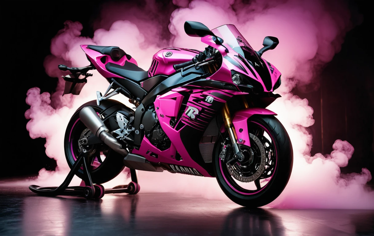 Motocicleta deportiva Yamaha con llamativos gráficos rosas en estudio