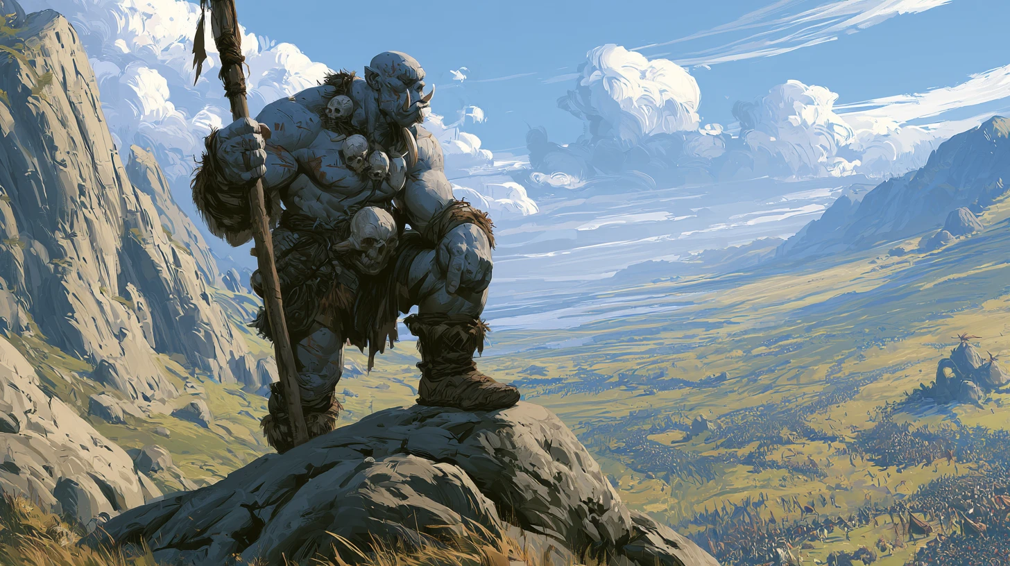 Senhor da guerra orc musculoso observando uma batalha furiosa no vale