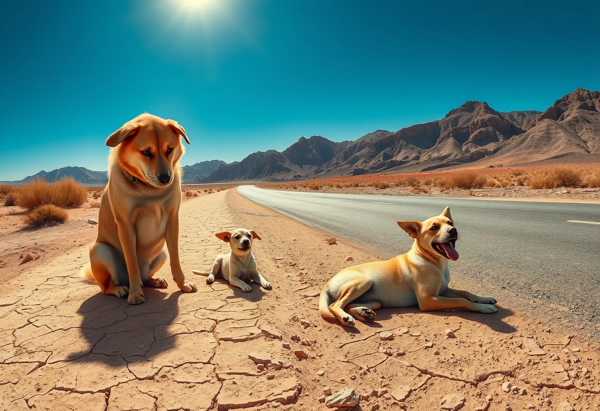 Cães de rua descansando ao lado de uma estrada deserta no meio do deserto