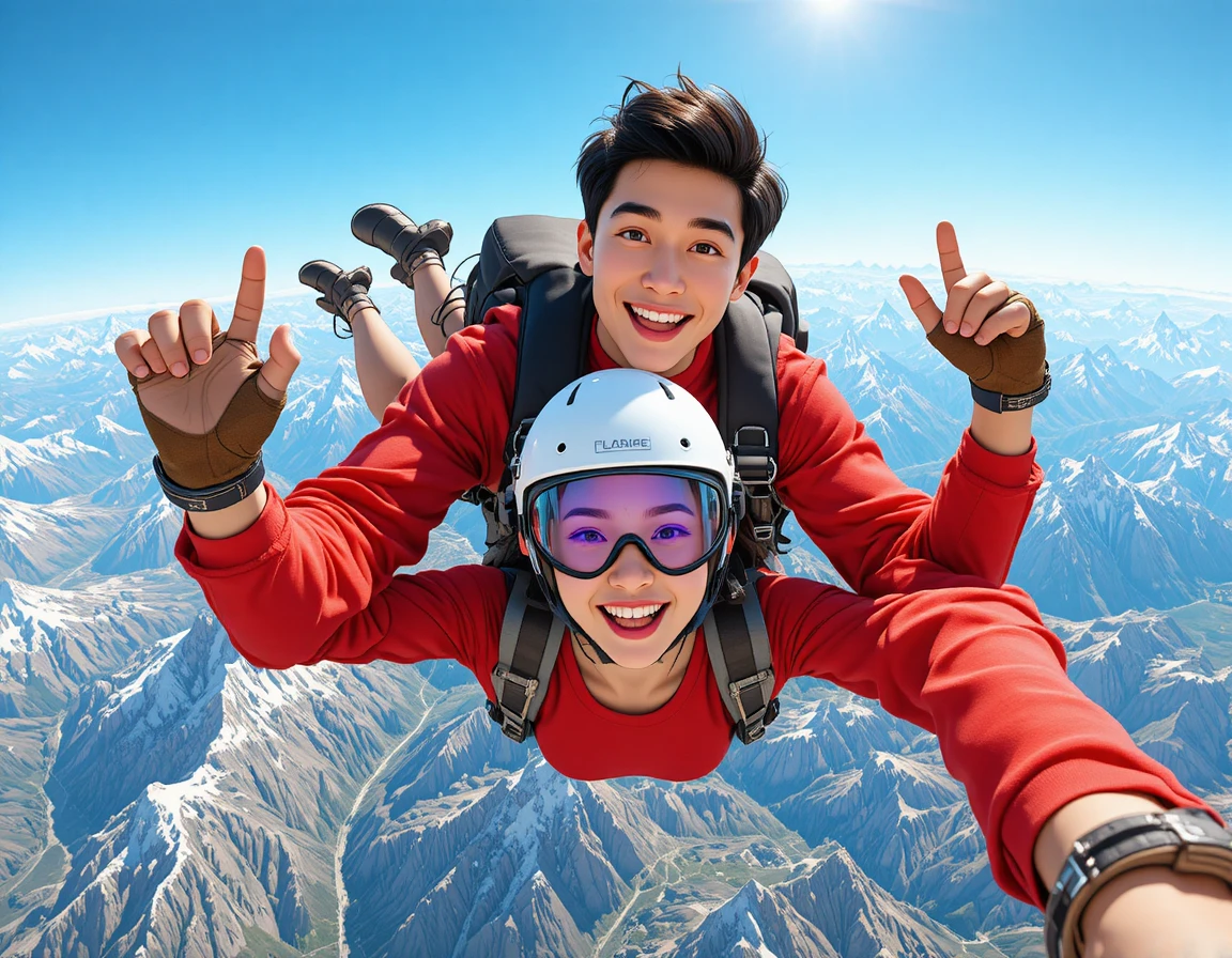 Casal em salto de paraquedas duplo sobre picos de montanhas nevadas