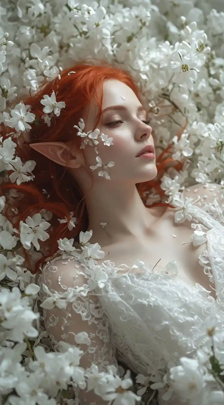 Elf woman resting in white flowers dreamy portrait