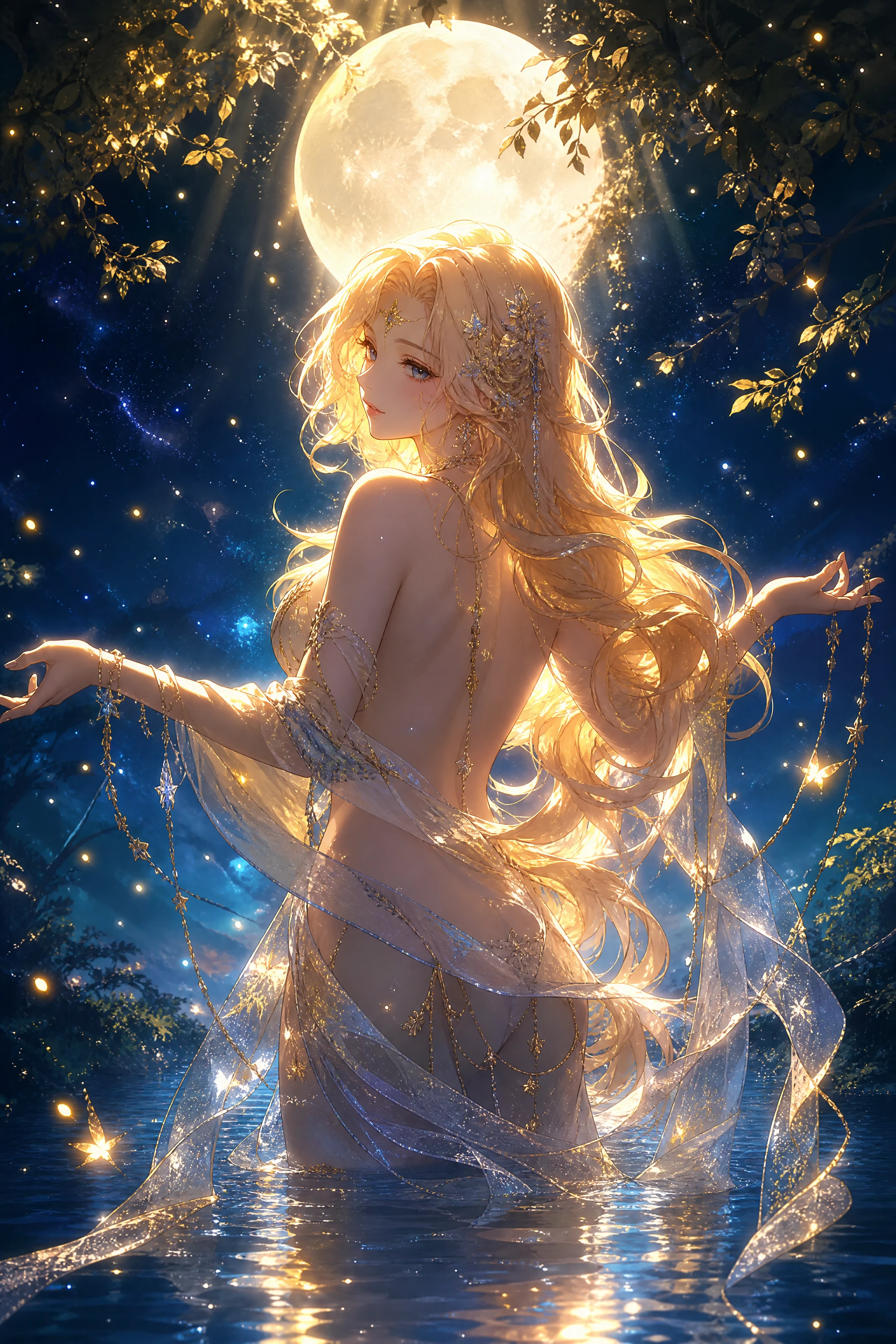 沐浴在光中的金髮女子與皎潔滿月