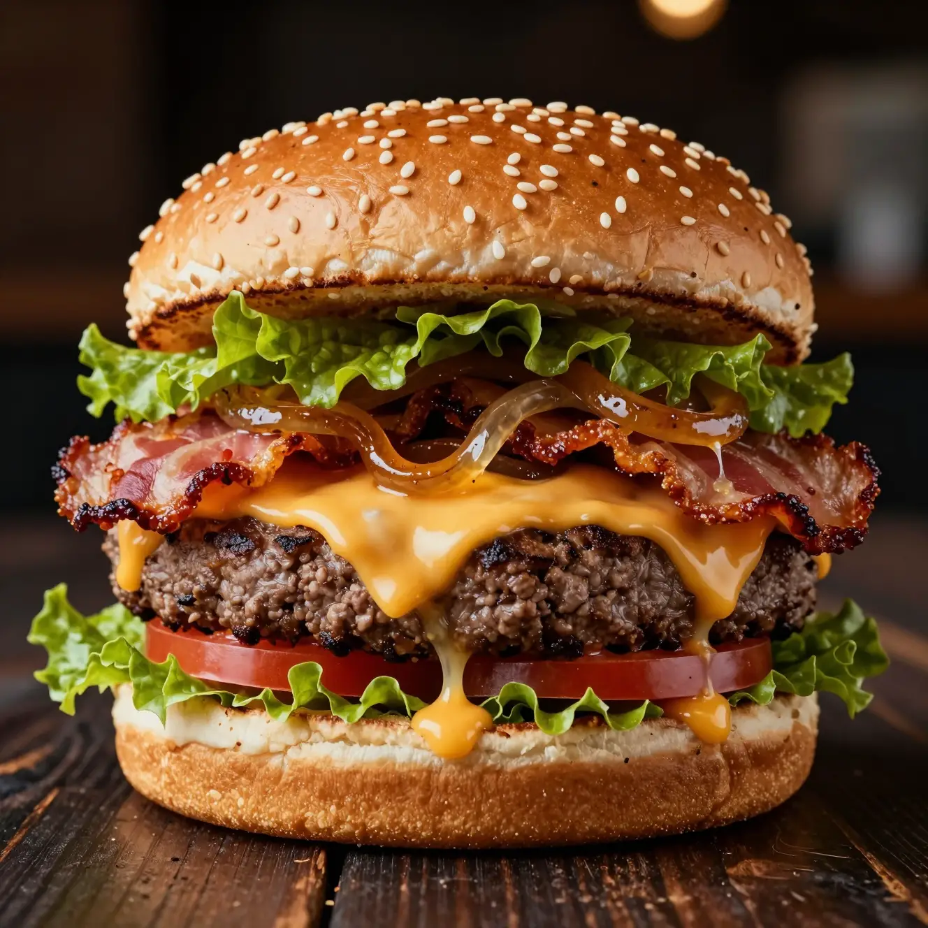 Gourmet-Cheeseburger aus der Nähe mit kinoartiger Beleuchtung