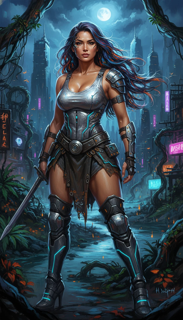 Mulher gladiadora cyberpunk em uma cidade neon à noite