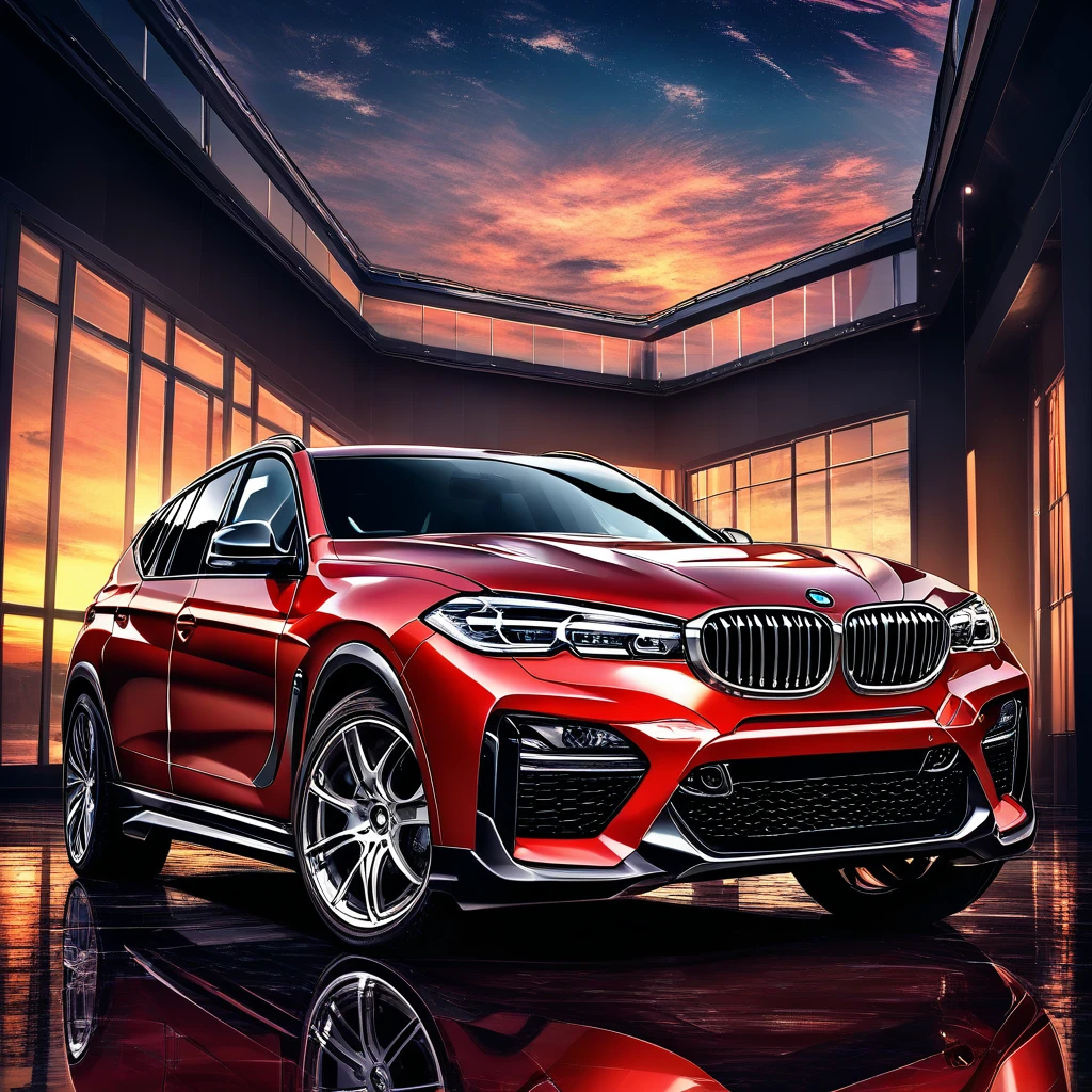 Perfil lateral de um SUV de luxo vermelho metálico ao pôr do sol