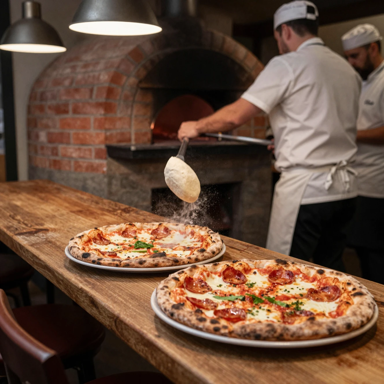 Intérieur de pizzeria italienne avec des chefs lançant la pâte à pizza