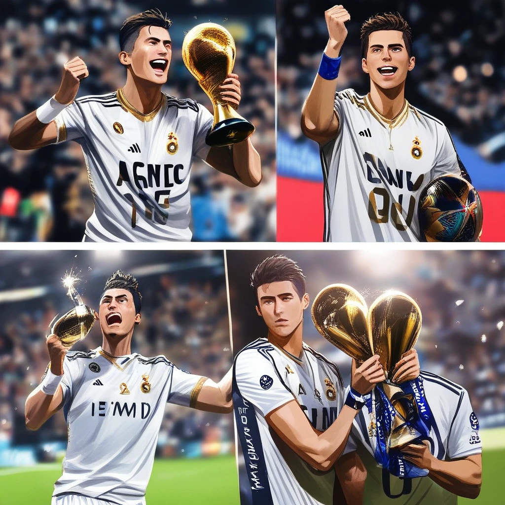 Campeón de fútbol levantando el trofeo de la Copa del Mundo en celebración