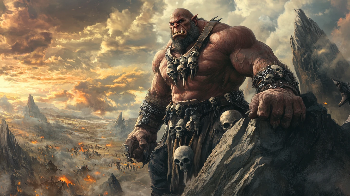 Señor de la guerra orco lleno de cicatrices contemplando un vasto campo de batalla de fantasía