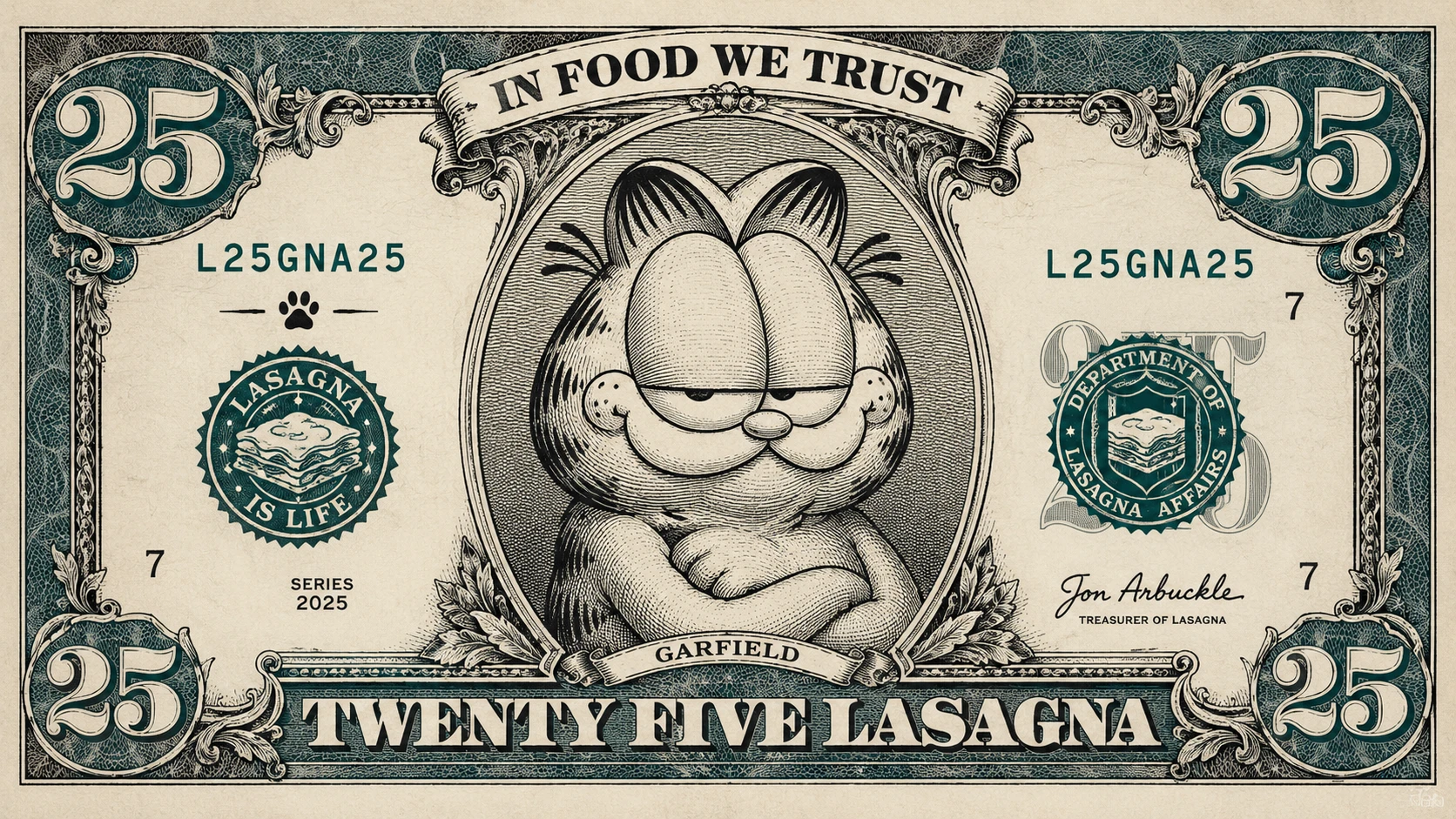 Playful twenty five dollar bill with cartoon cat portrait