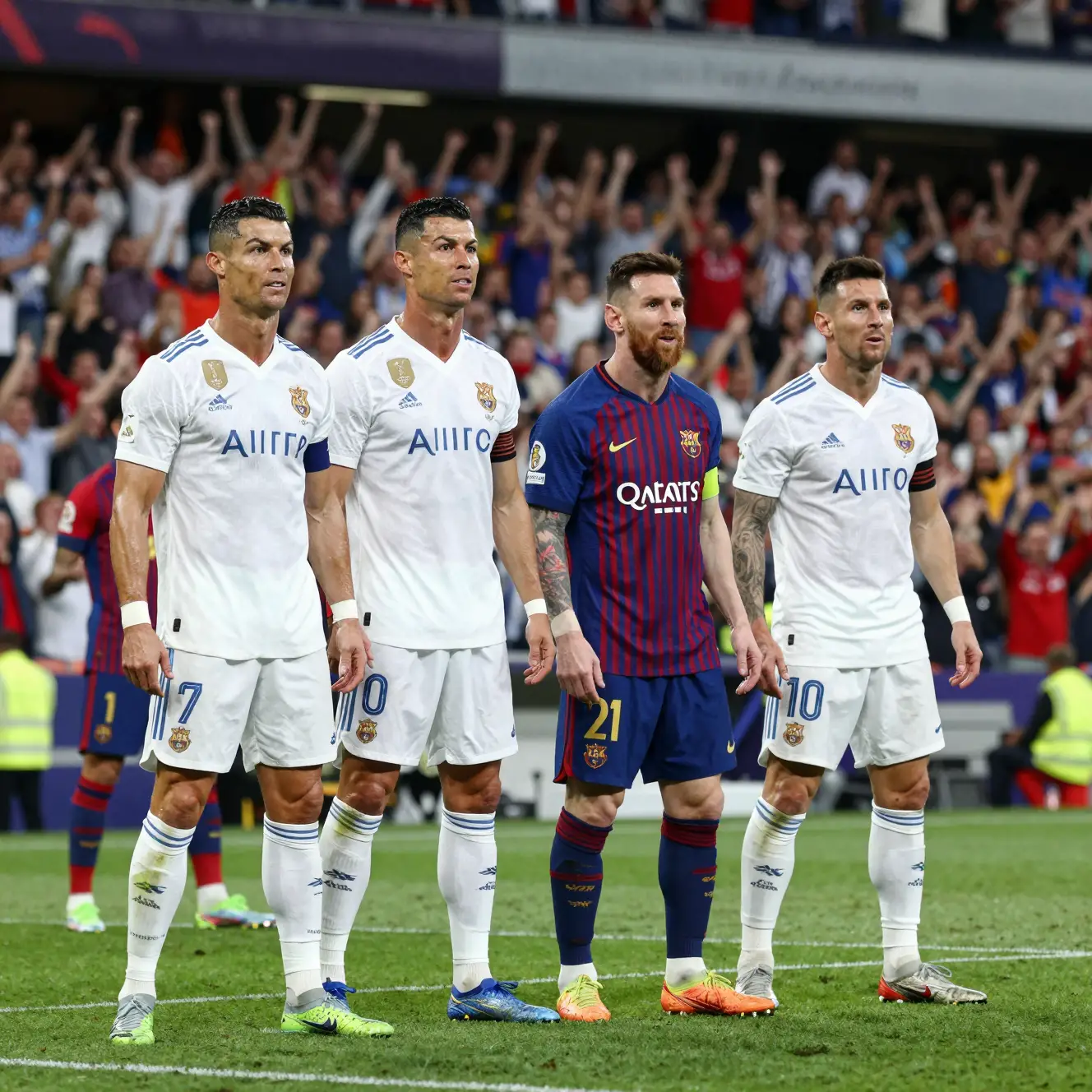 Famosi calciatori in piedi insieme in uno stadio gremito