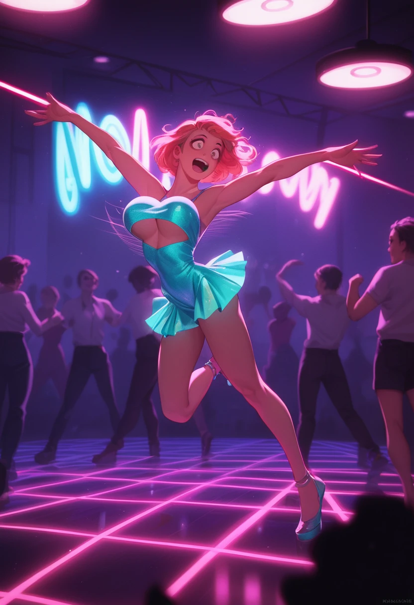 Chica sonriente bailando en una discoteca exclusiva y vibrante
