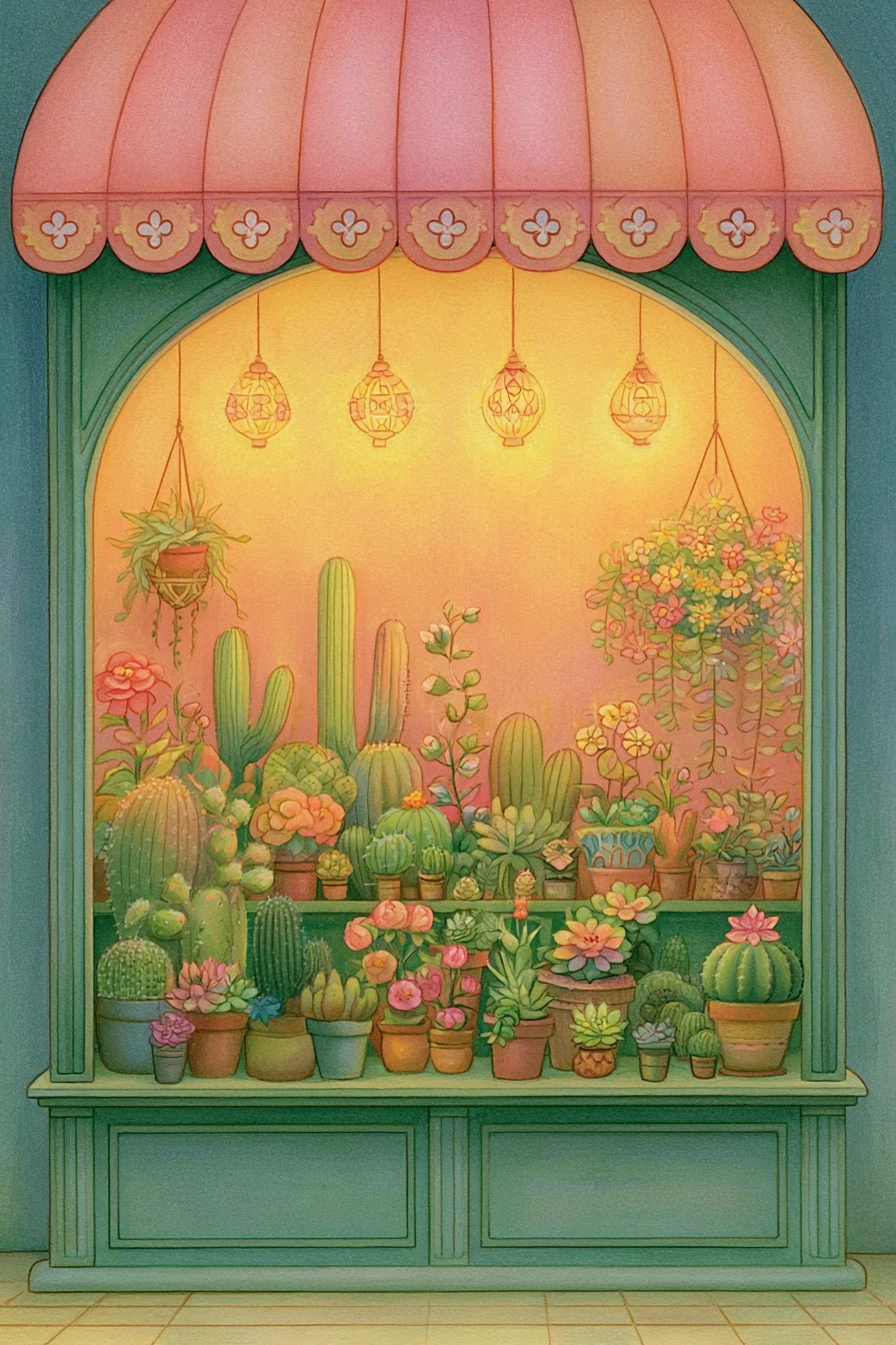 Vitrine de fleuriste remplie de cactus et de plantes succulentes