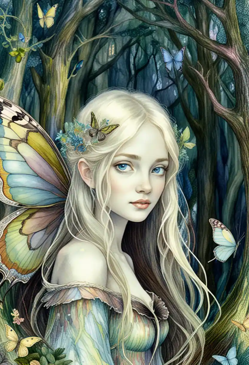 Menina fada borboleta etérea em floresta mágica – ilustração