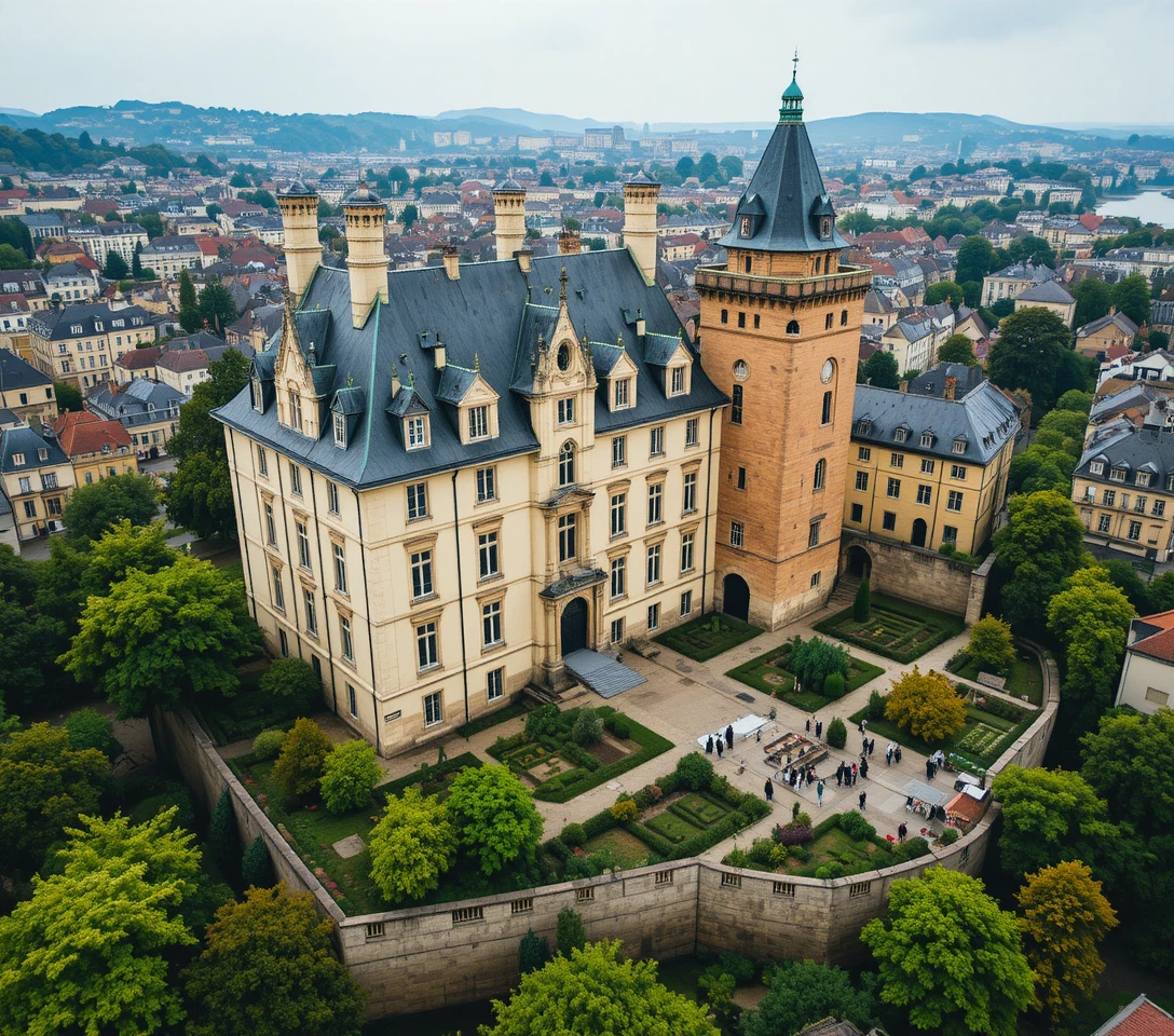 Vue aérienne d’un château français historique dans le paysage urbain