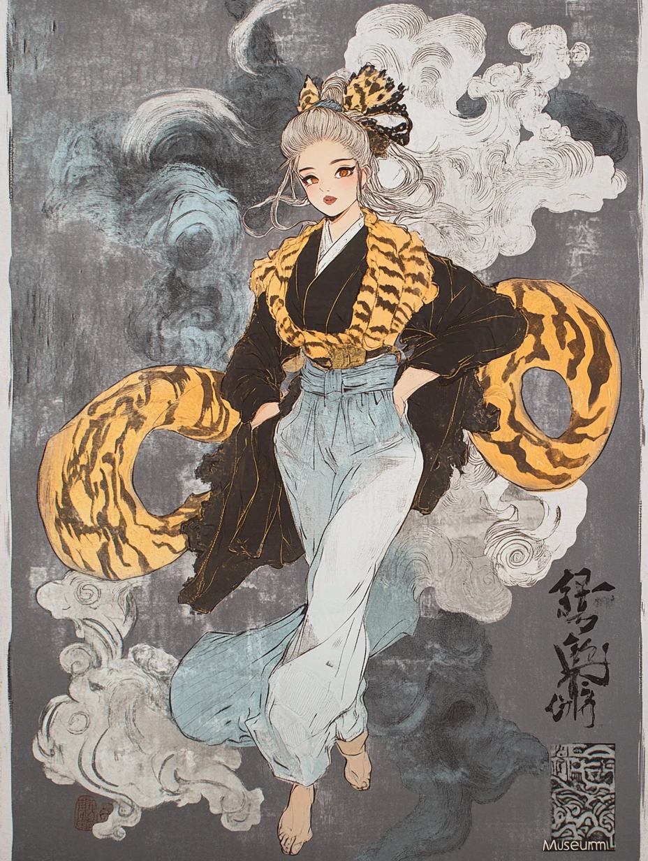 Mujer gyaru elegante en una escena de museo inspirada en el ukiyo-e