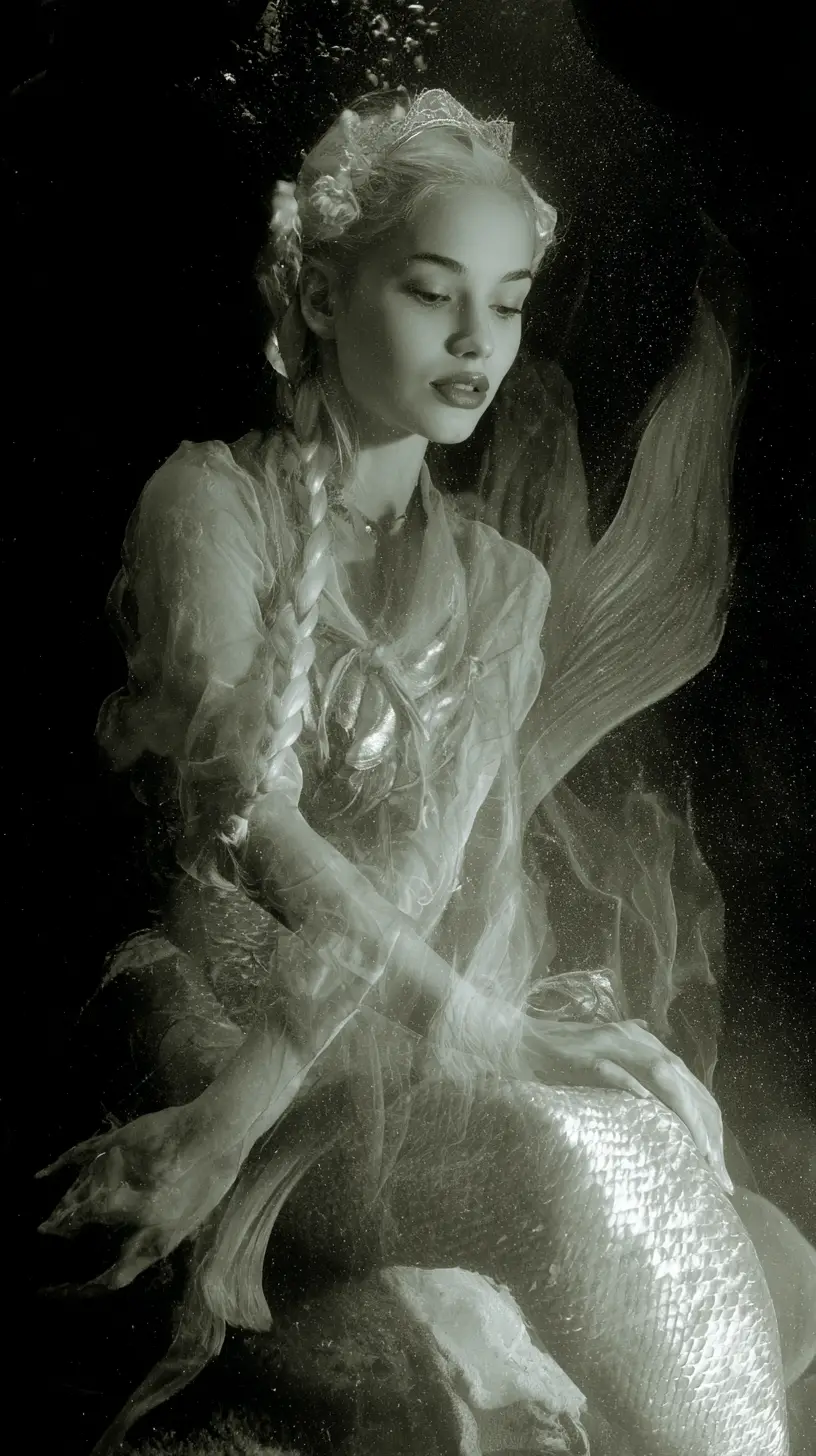 Eerie mermaid in a surreal dreamless underwater world