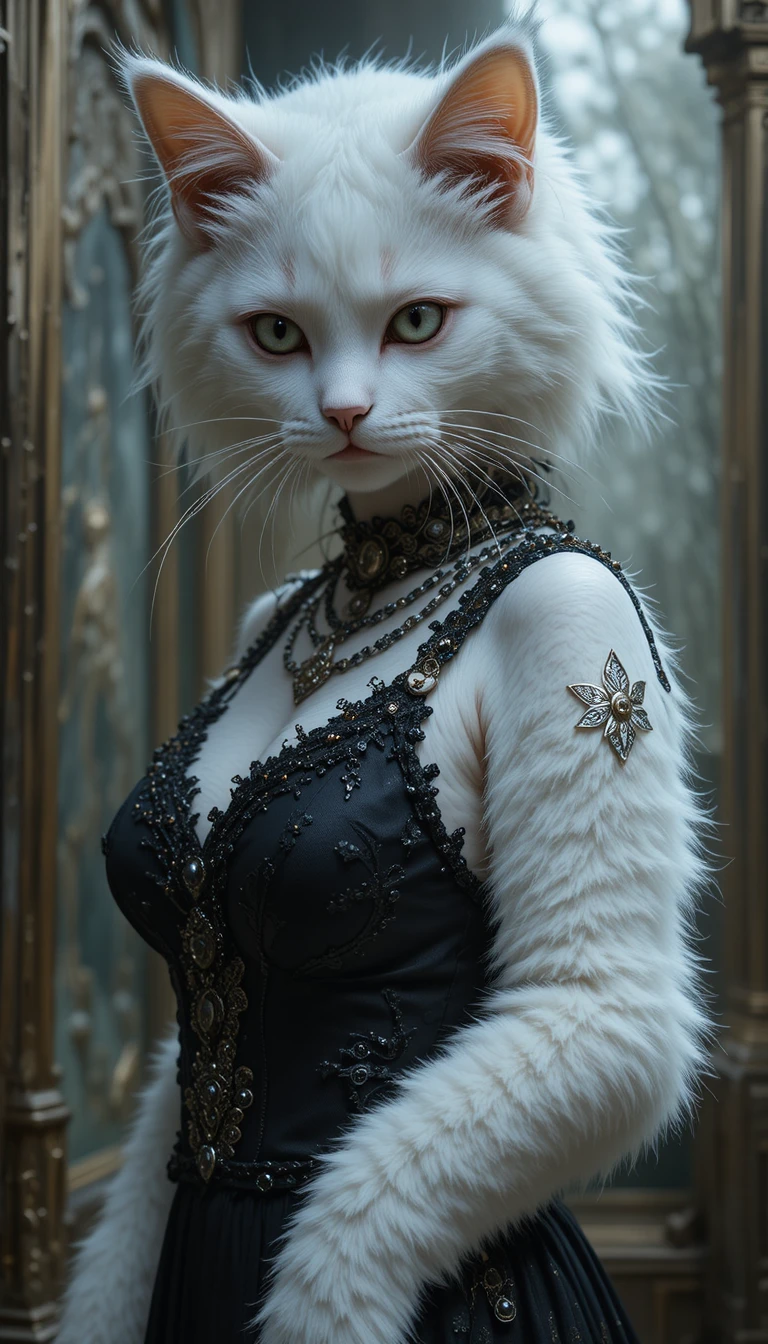Gato branco fofinho em estilo vilão sombrio ao anoitecer
