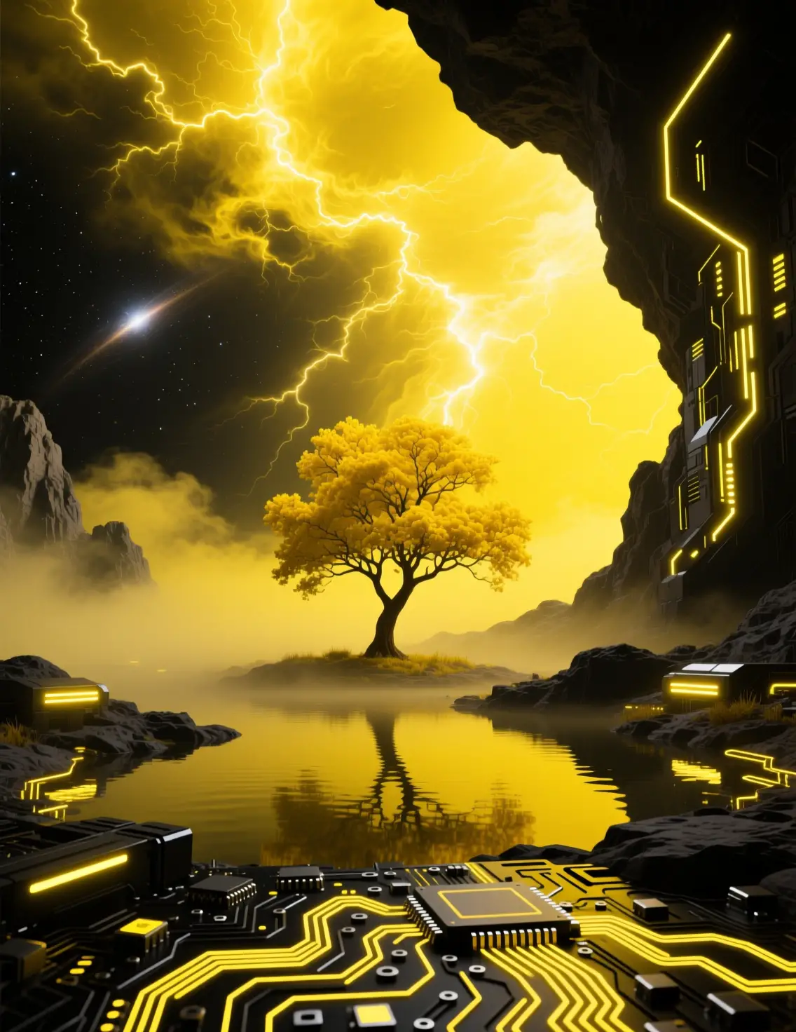 未來感科幻景觀：黃色池塘與天空