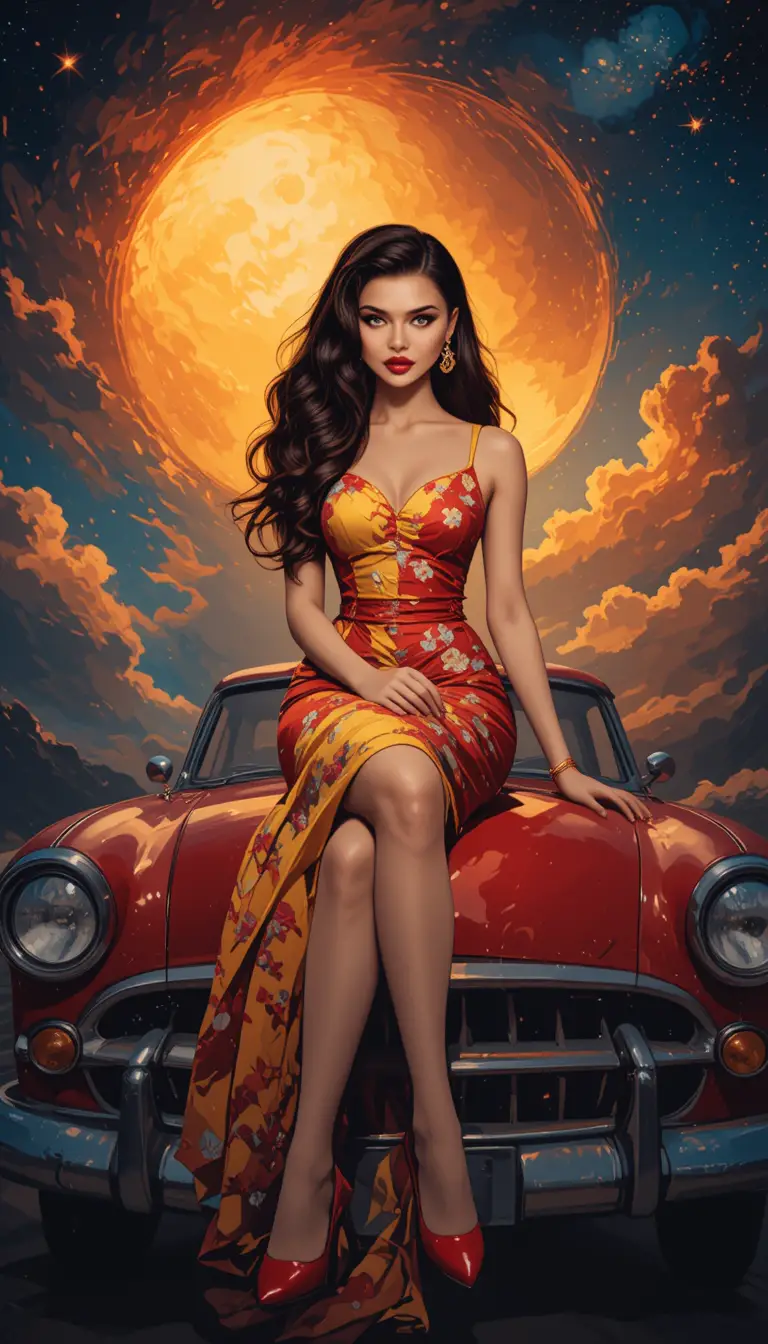 Donna su auto d’epoca sotto un cielo surreale diviso