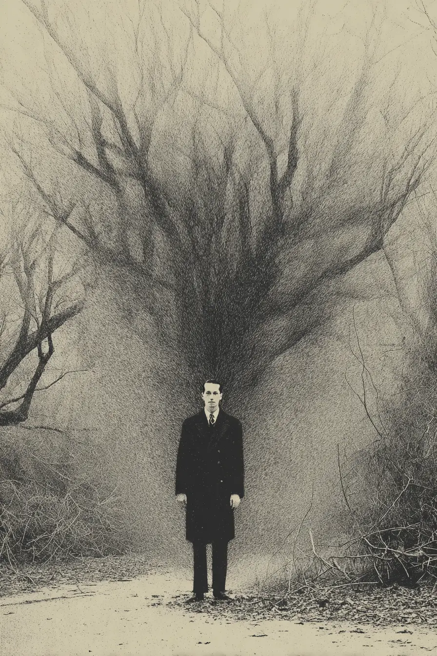 Surreal ink drawing of a dark and creepy fantasy world