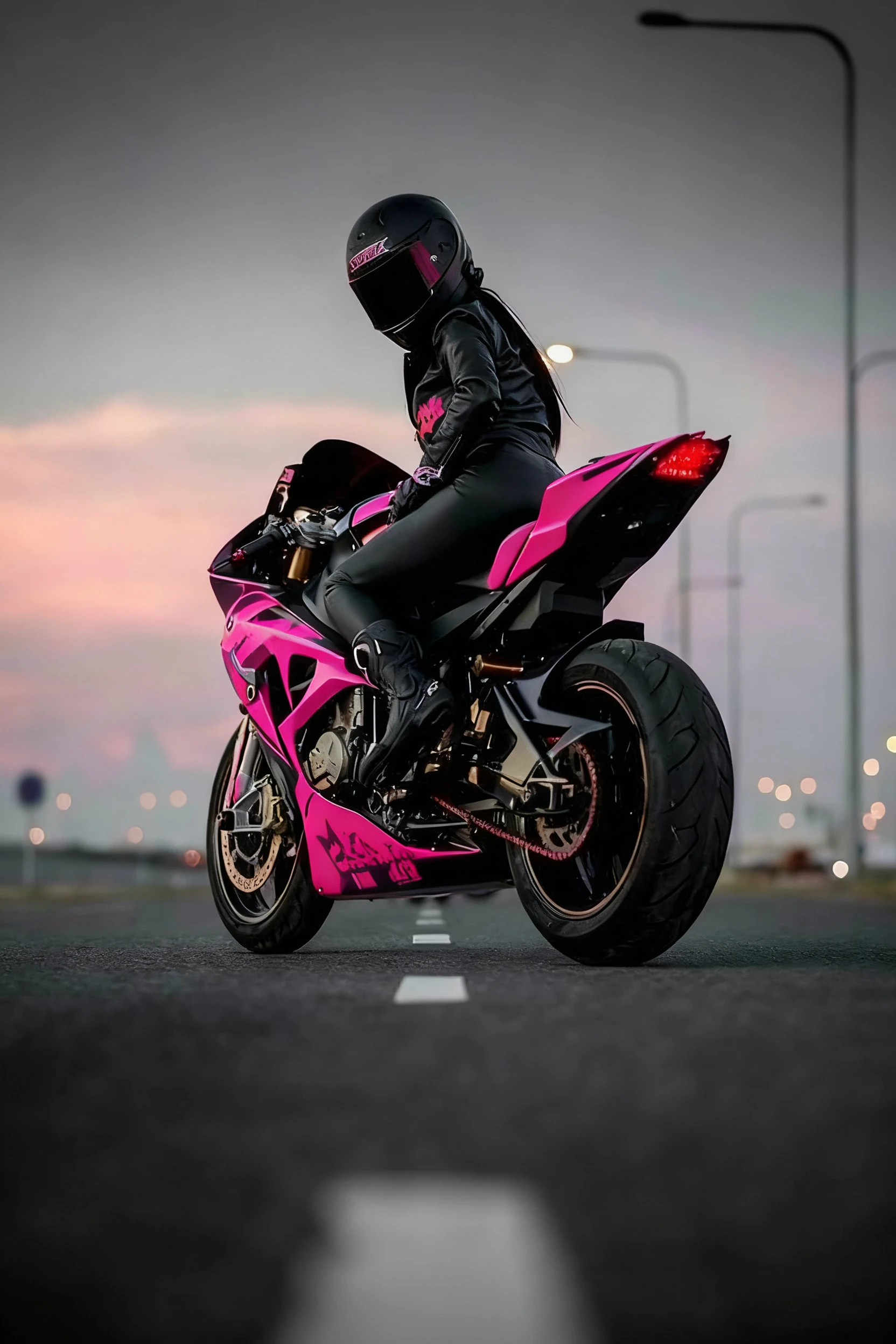 Motociclista com gráficos rosa vibrantes na moto e no equipamento
