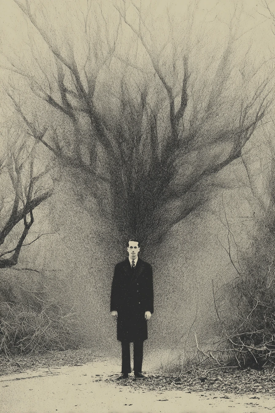 Dibujo surrealista a tinta de un mundo de fantasía oscuro y aterrador