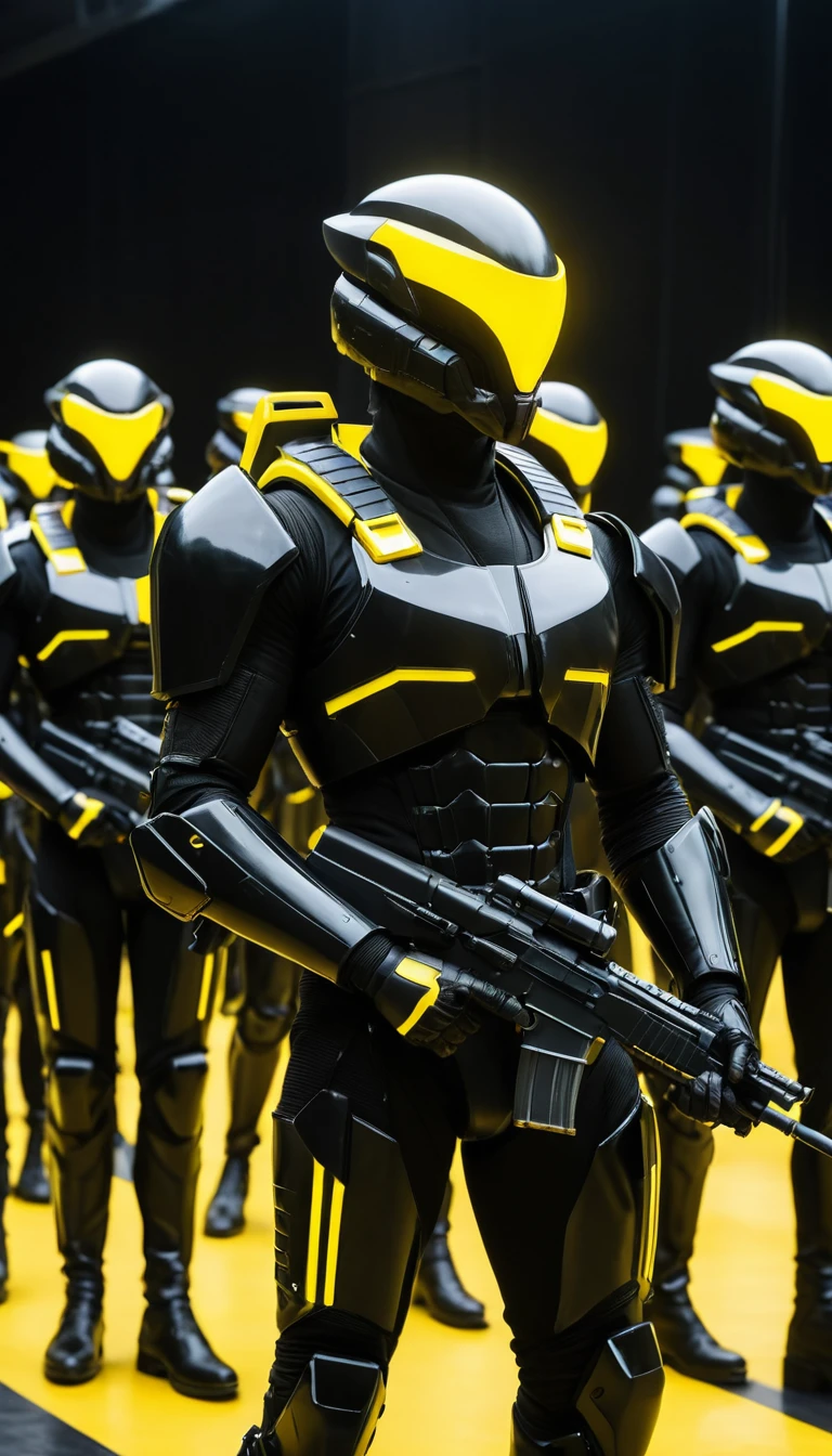 Soldados futuristas disparando rifles de energia no espaço profundo