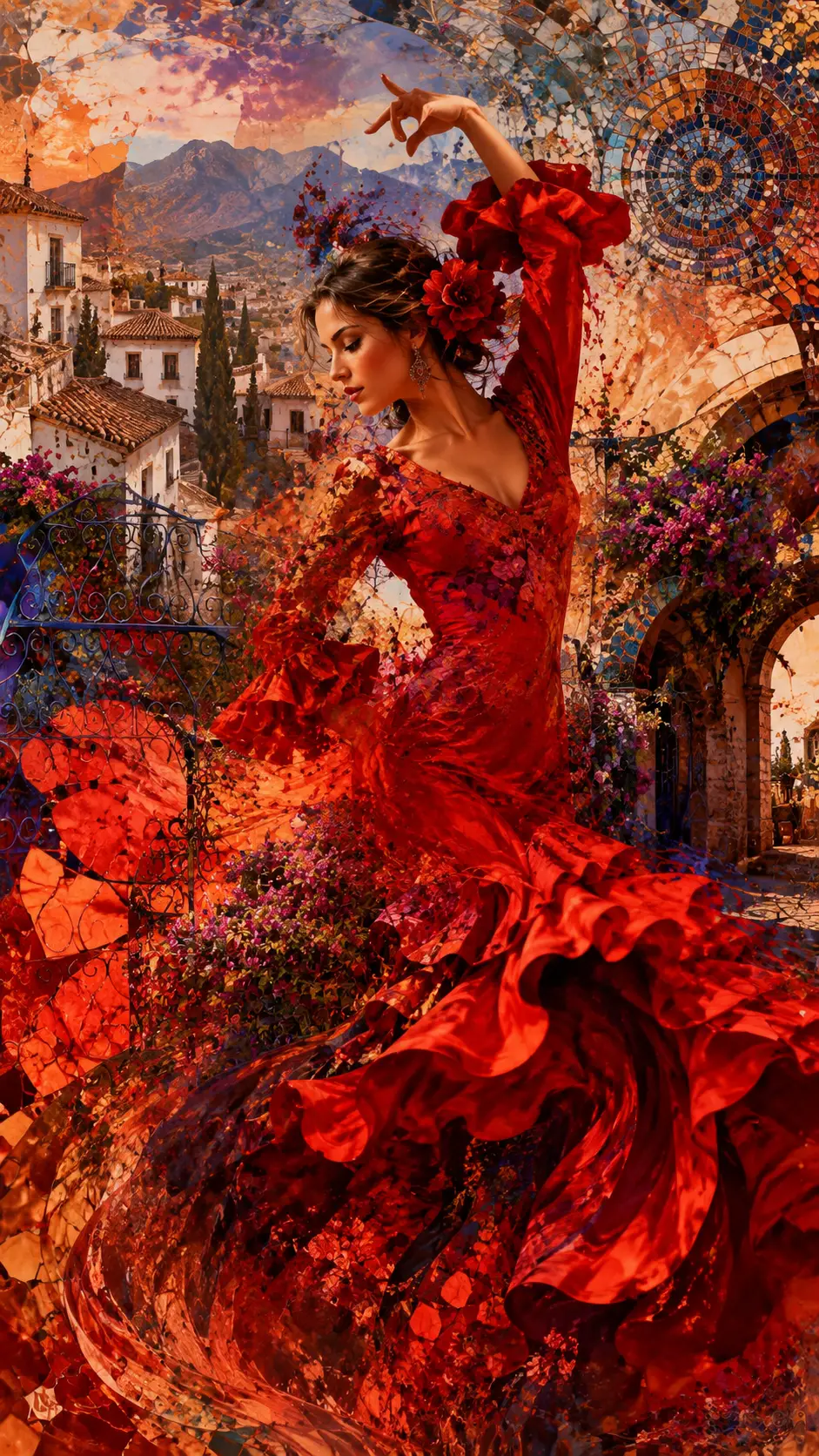 Surreal Flamenco Dancer In Flowing Red Dress Landscape